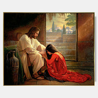 Savior Jesus and the Samaritan Woman Oil Painting – Hand-Painted Christian Canvas Wall Art for Living Room and Church Decor AR1528